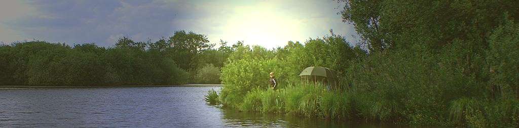 Angeln am See in Ostfriesland Niedersachsen: Angler mit Angelschirm im Angelrevier Langholter Meer.