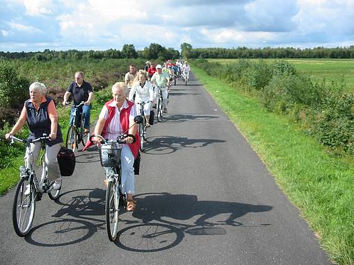 Fahrrad fahrende Gruppe im niedersächsischen Feriengebiet Südliches Ostfriesland - in einer reizvollen ebenen Landschaft.